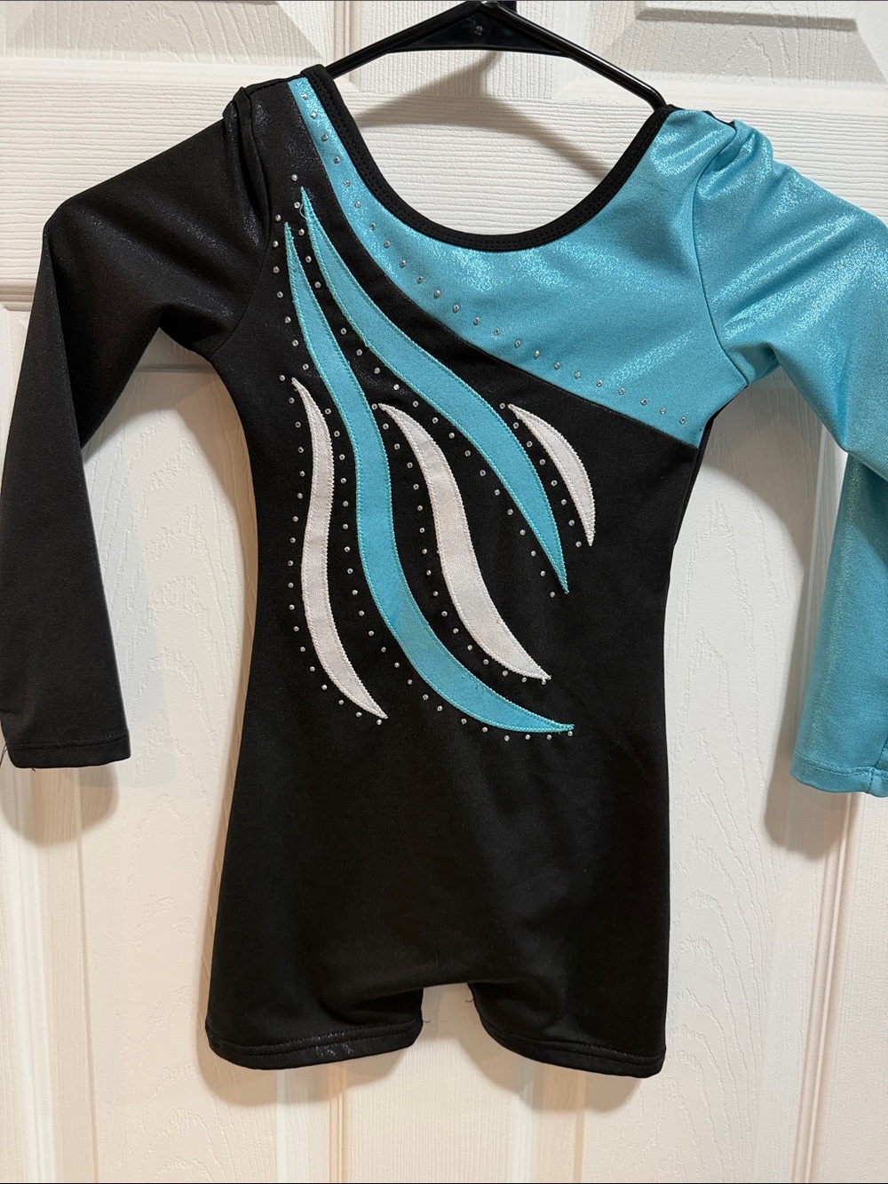 Amazon Toddle Black and Teal Long Sleeve Gymnastics Leotard with Crystal Accents